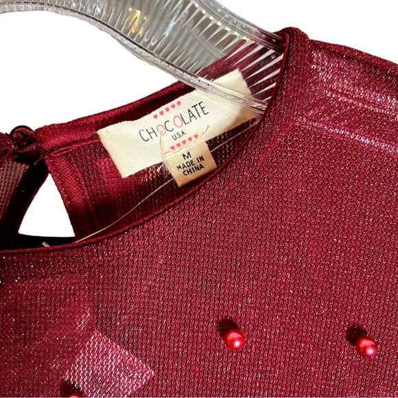 NWT CHOCOLATE USA BURGUNDY PEARL STUDDED METALLIC KNIT BODYSUIT, LONG SLEEVED. - Picture 4 of 7